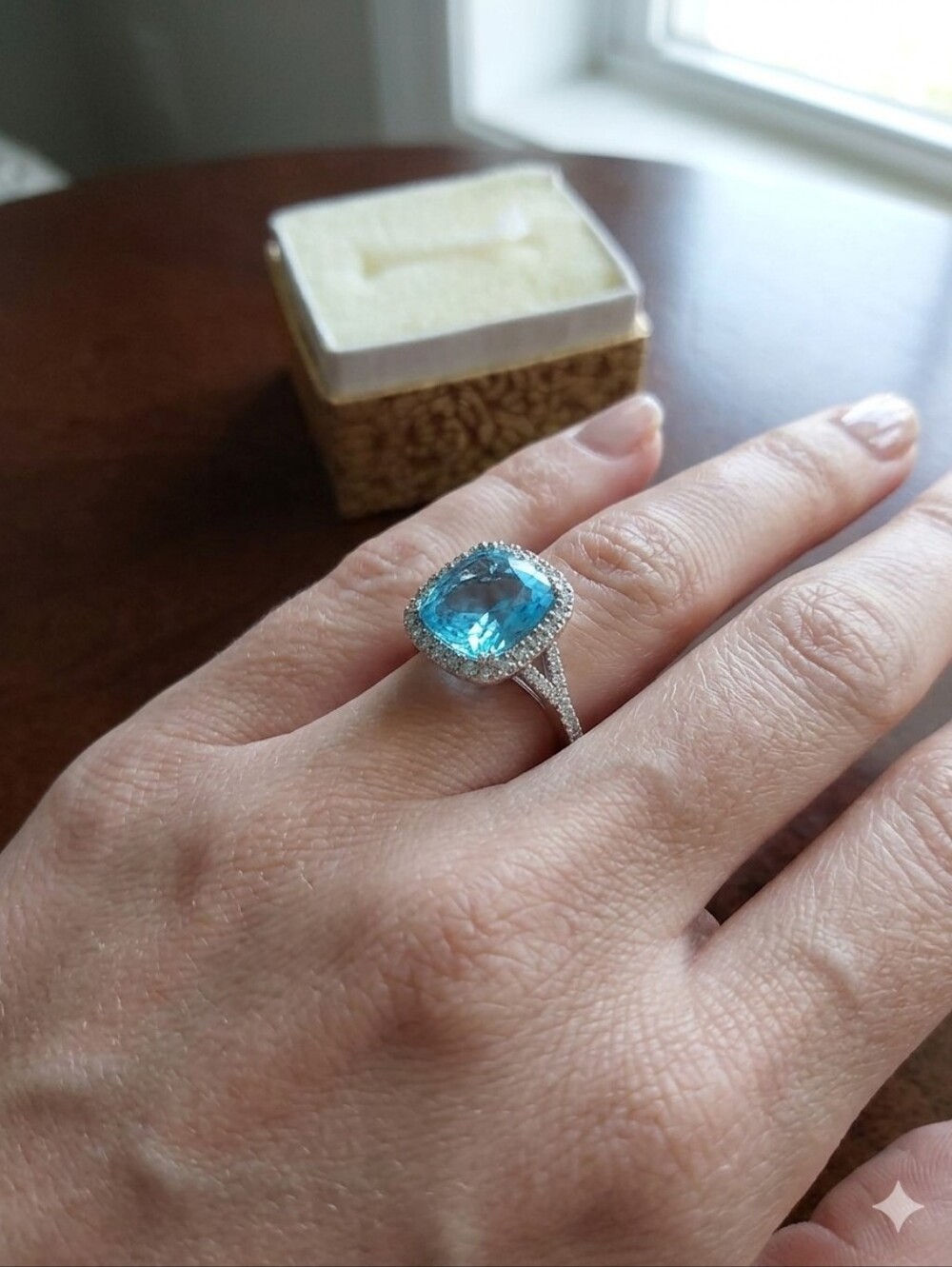 Blue Cushion Halo Cocktail Ring in Silver Tone‎ Setting